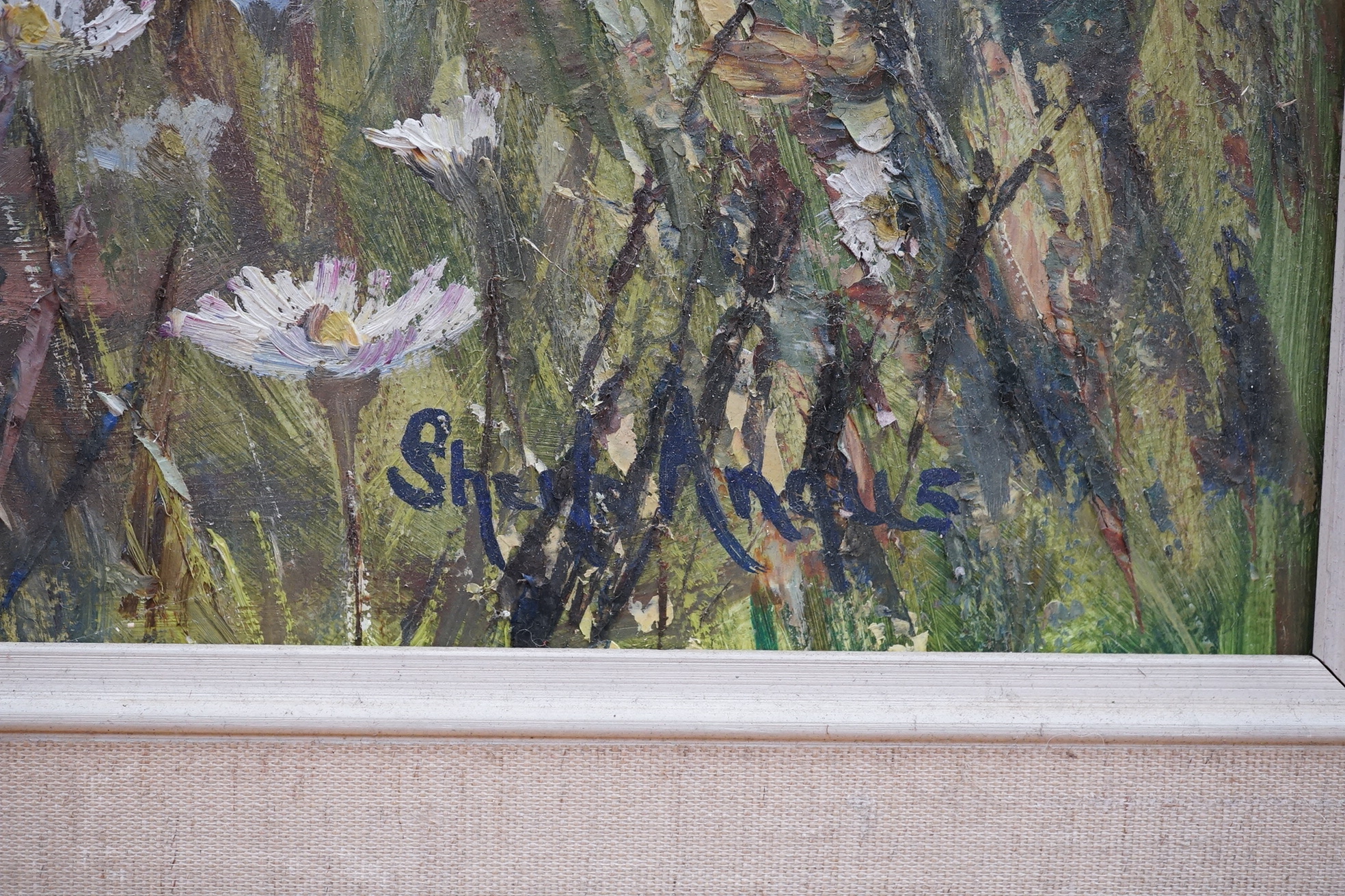 Sheila Angus (20th. C), oil on board, ‘May Flowers’, signed, 34 x 90cm. Condition - fair/good
